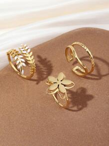 3pcs Gold Color Yellow Stainless Steel Wheat Ears Leaves/Flower, Simple Ladies Ring Set Valentines,Mom,Mother,Mother's Day,Gift - Yellow Gold - View 2