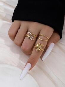 3pcs Gold Color Yellow Stainless Steel Wheat Ears Leaves/Flower, Simple Ladies Ring Set Valentines,Mom,Mother,Mother's Day,Gift - Yellow Gold - View 3