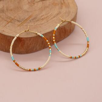 1pair Bohemian Glass Mixed Color Bead Decor Hoop Earrings For Women For Dating Gift
