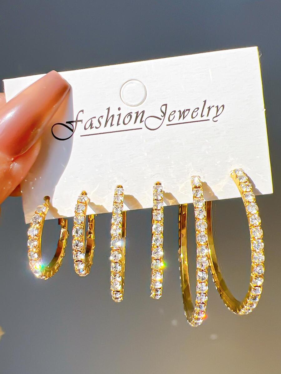 17KM 6pairs Sparkling Rhinestone Decor Hoop Earrings Set - Yellow Gold - View 1