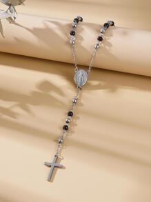 1pc 4mm Stainless Steel Beaded Chain & European/american Style Cross Pendant Structured Necklace For Women Daily Wear