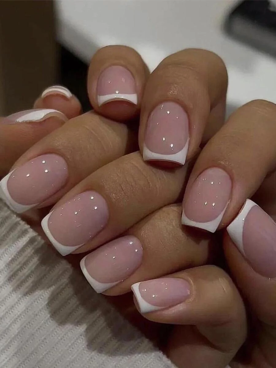 24pcs Pink French Fake Nails, Stylish Pink Manicure, Eufang Waterproof Removable Nail Stickers Set, Press-On Nails, Nail Art Supplies - Multicolor - View 1