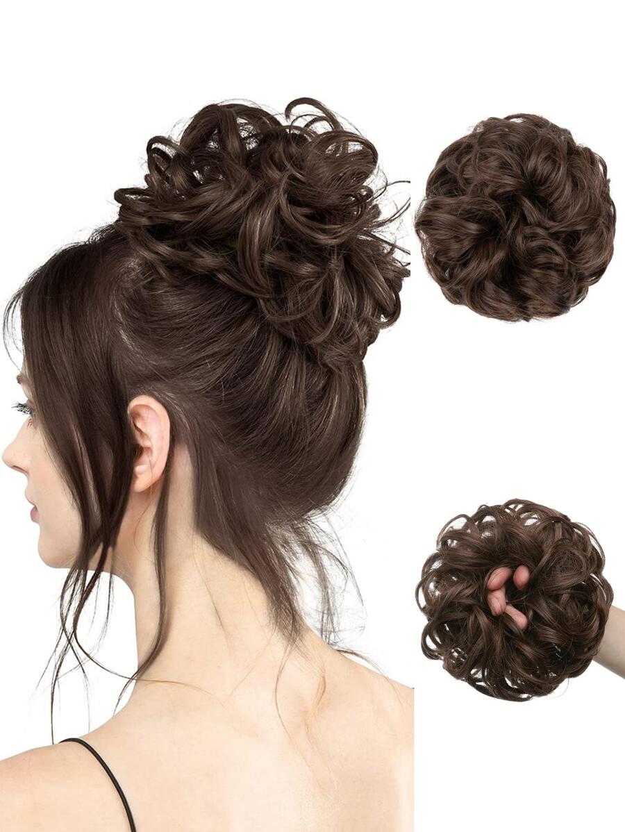 凌亂小圓麵包帶燈棕色波浪狀和卷合成纖維6英寸馬尾,合適適用於女士厚和高小圓麵包假髮 - Light Brown - 查看 1