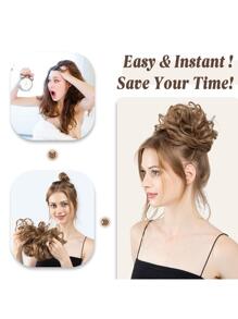 凌亂小圓麵包帶燈棕色波浪狀和卷合成纖維6英寸馬尾,合適適用於女士厚和高小圓麵包假髮 - Light Brown - 查看 5