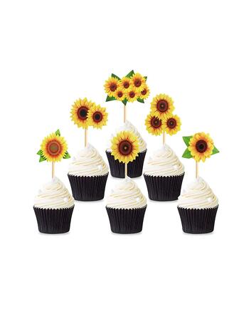 12pcs Sunflower & Countryside Summer Theme Paper Cake Topper For Home Festive Party Birthday Gathering