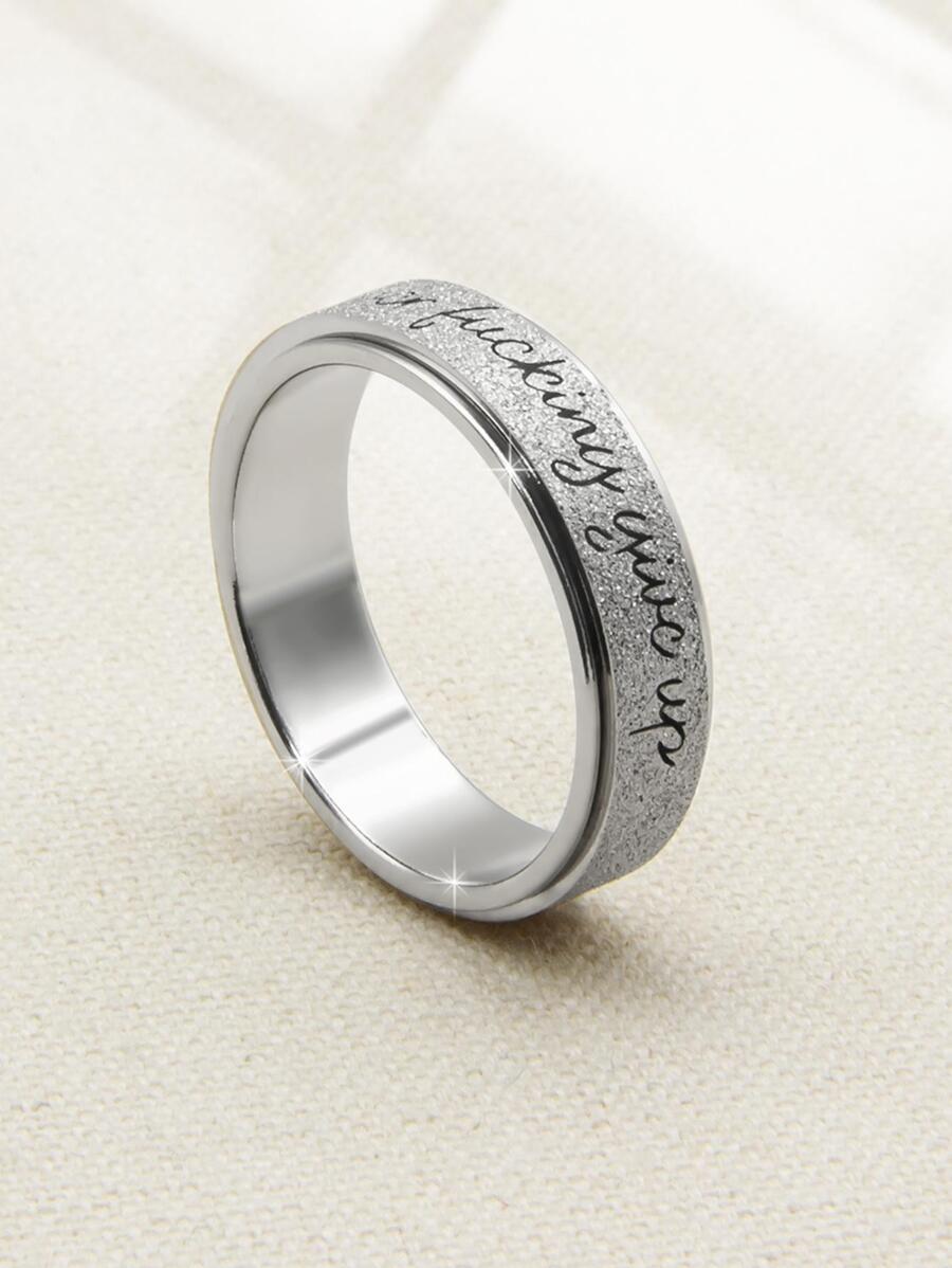 1入不鏽鋼高光銀色旋轉戒指,刻有「永不放棄」及空心設計,舒緩焦慮 - 銀色 - 查看 1