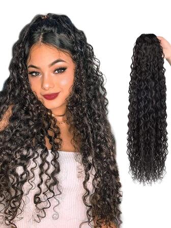 拉繩馬尾棕色長捲辮頭髮延長熱阻合成22英寸拉繩髮延長