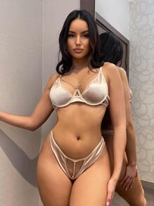 Rhinestone Chain Detail Underwire Lingerie Set - Apricot - View 2