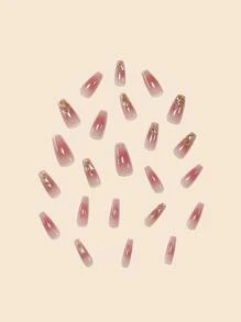 24入組中長假指甲，包括淺粉紅色、金色閃爍、香檳色鑽石甲鈦設計及香檳色鑽石鏈、果凍膠和磨砂條貼式指甲，美甲供應品 - 彩色 - 查看 4