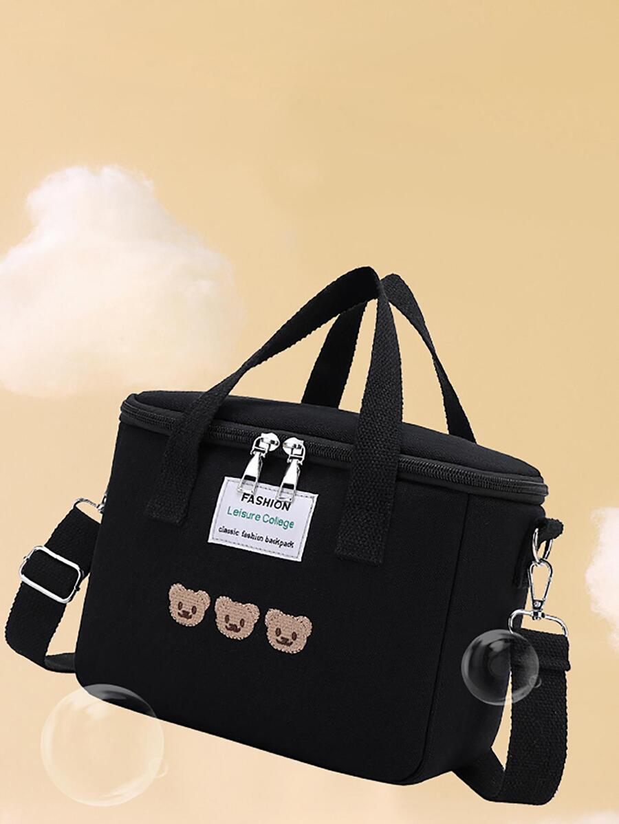Bear Embroidery Lunch Bag Letter Patched Zipper AdjustableStrap School
