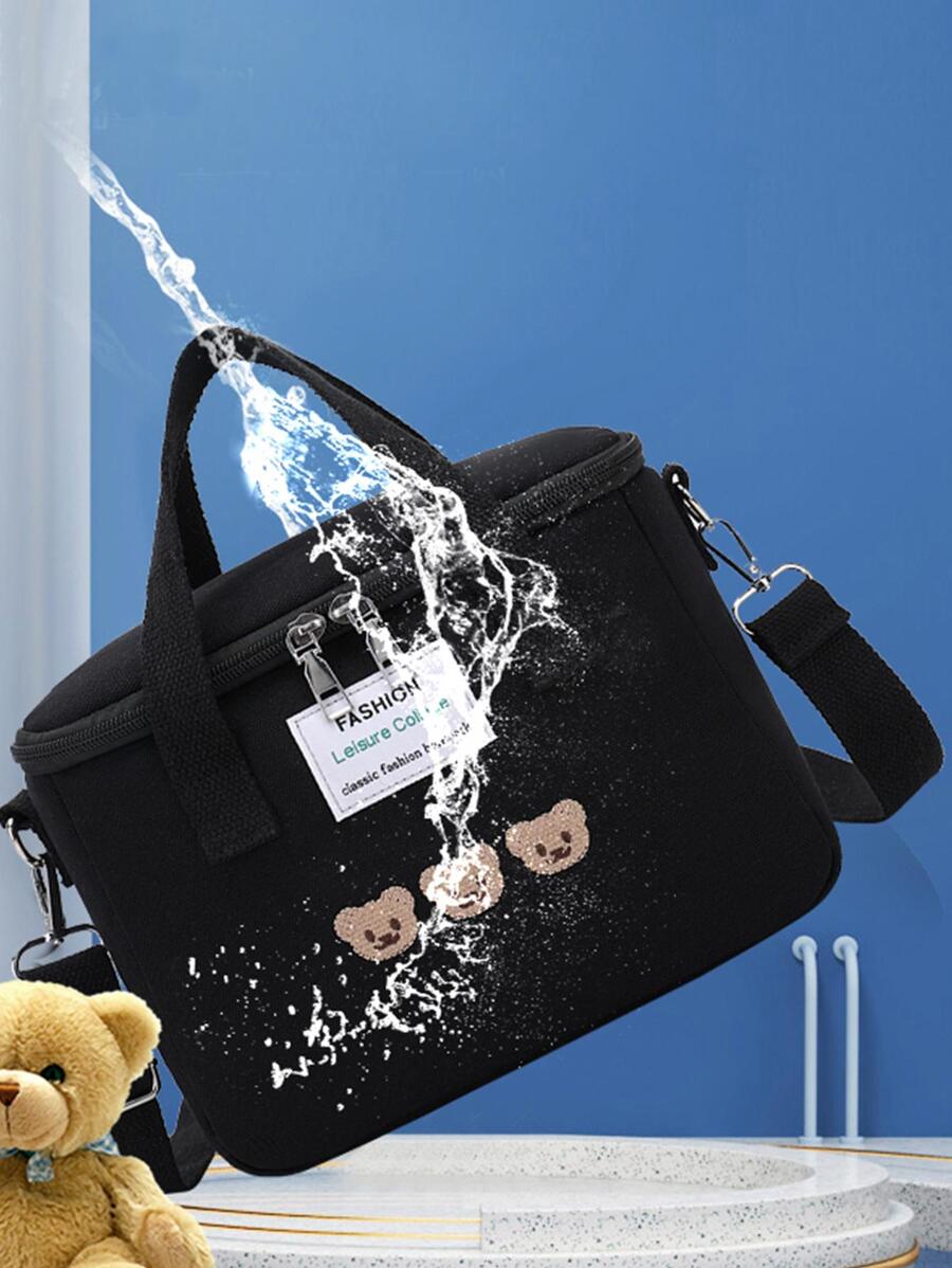 Bear Embroidery Lunch Bag Letter Patched Zipper AdjustableStrap School