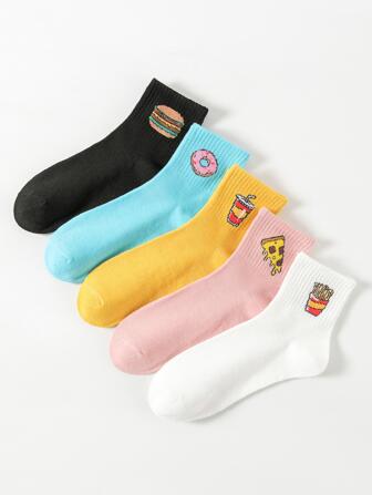 5雙女士食物圖案休閒中筒襪適用於日常生活
