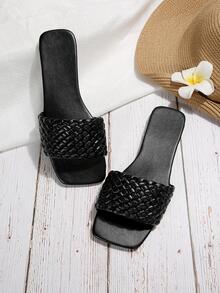 Women Braided Detail Single Band Slide Sandals, Vacation Black Flat Sandals - Black - View 2