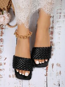 Women Braided Detail Single Band Slide Sandals, Vacation Black Flat Sandals - Black - View 6