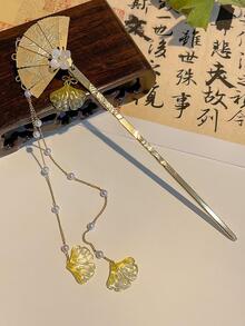 1入組皇室風格女扇子&假珍珠裝飾中式髮飾 - 金色 - 查看 2