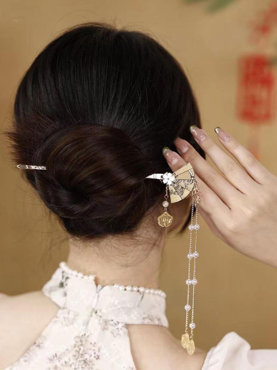 1入組皇室風格女扇子&假珍珠裝飾中式髮飾 - 金色 - 查看 1