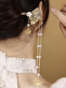 1入組皇室風格女扇子&假珍珠裝飾中式髮飾 - 金色 - 查看 3