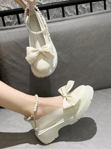Giày Cao Gót Đế Dày Đính Ngọc Trai & Thắt Nơ Dễ Thương Cho Nữ - trắng - Xem 1