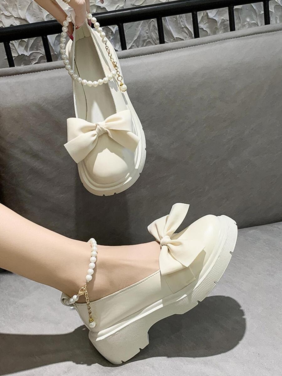 Giày Cao Gót Đế Dày Đính Ngọc Trai & Thắt Nơ Dễ Thương Cho Nữ - trắng - Xem 1
