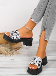 Women Cow Pattern Sandals, Fashionable Summer Platform Slide Sandals - Black - View 5