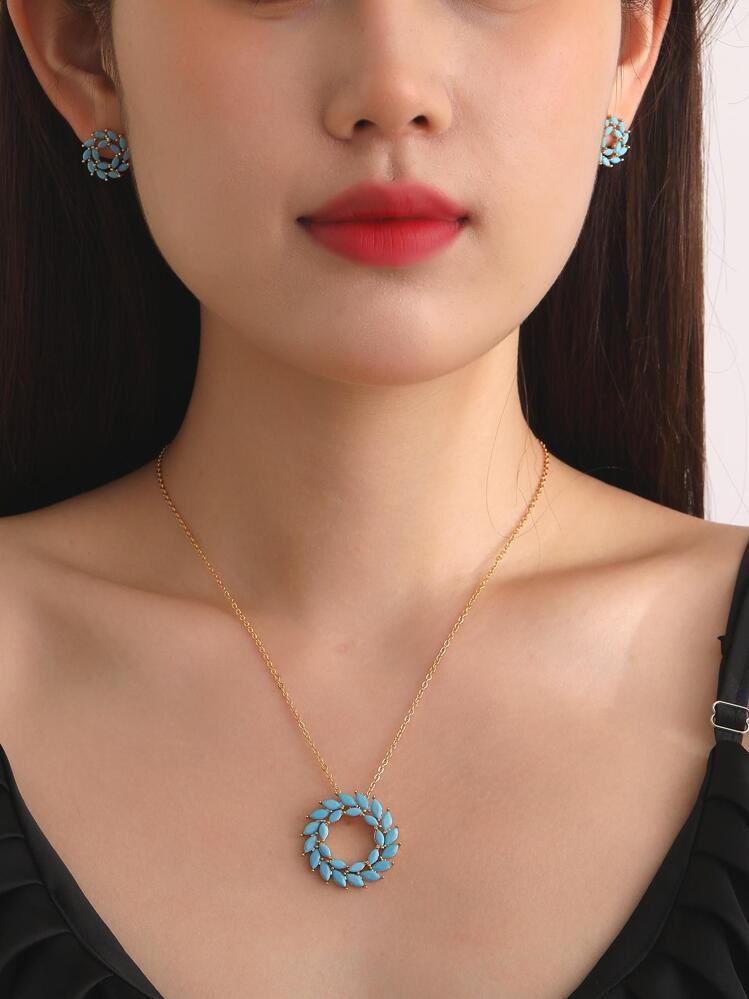 Ensemble De 3 marquise Design Rond Bleu turquoise Zircone Cubique Boucles D'oreilles Ensemble De Collier - Multicolore - Voir 1