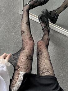 1對女式蕾絲心形圓點網絡襪黑色性感尼龍魚網絲襪，女性夏季輕質腿裝