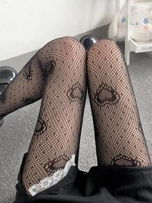 1對女式蕾絲心形圓點網絡襪黑色性感尼龍魚網絲襪，女性夏季輕質腿裝