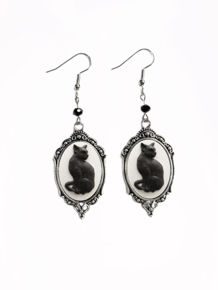 1pair Cat Decor Drop Earrings - Antique Silver - View 1