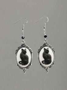 1pair Cat Decor Drop Earrings - Antique Silver - View 2