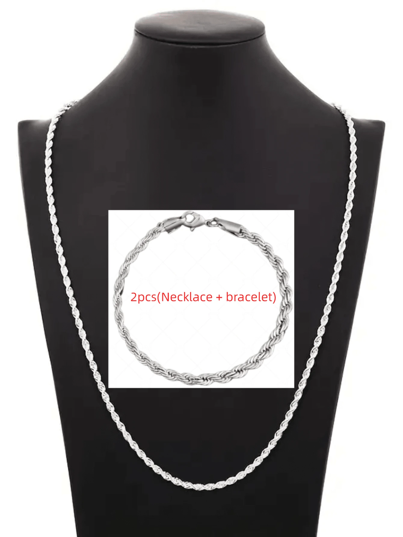 2pcs/set Twisted Rope Chain Necklace And Bracelet Set, Unisex Jewelry - Silver - View 1