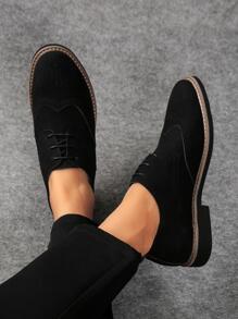 Men's Lightweight Matte Block Carved Round Toe Lace-Up Low-Heel Leather Shoes For Casual, Daily Wear, All Seasons
