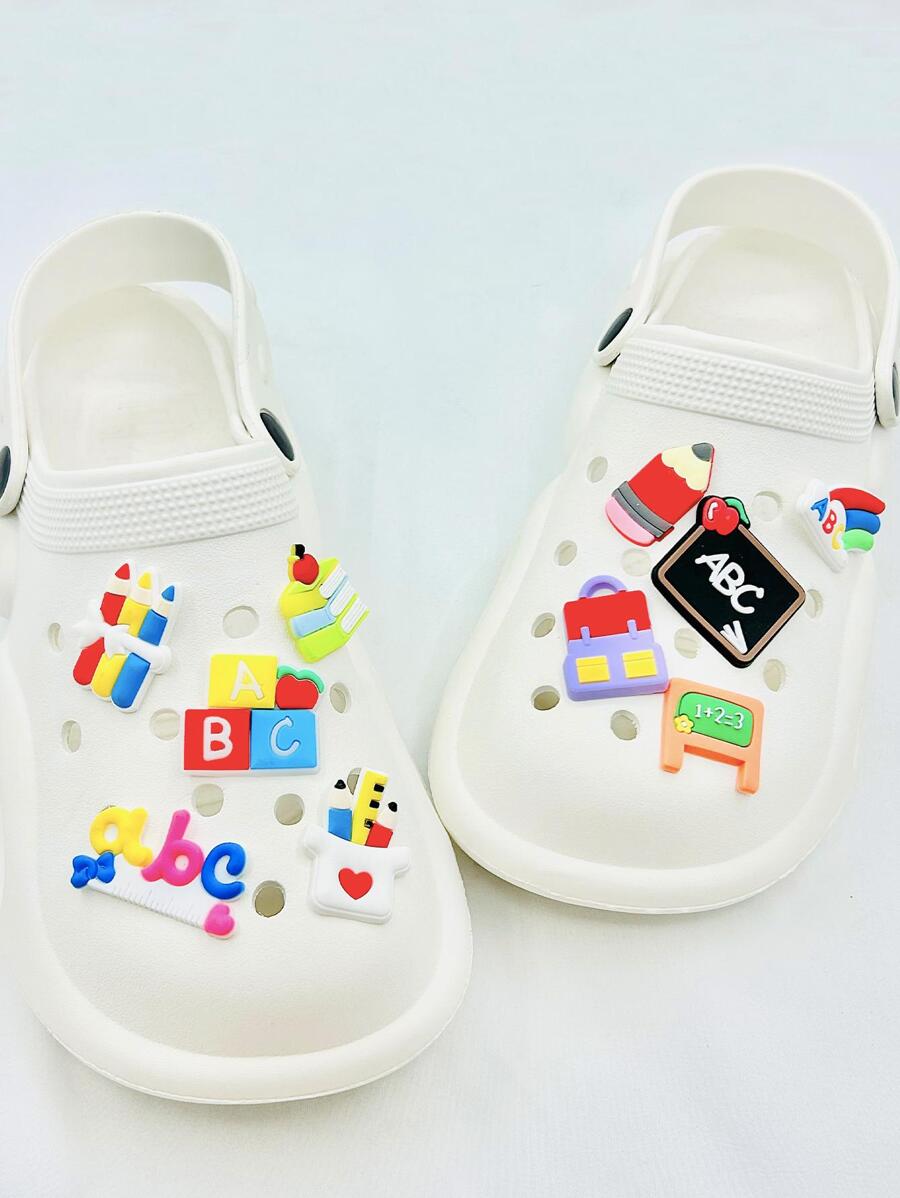 10入組鉛筆和書籍設計鞋飾，PVC可愛配飾，適用於通氣木底鞋 - 彩色 - 查看 1