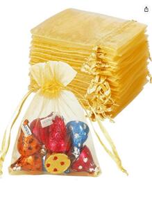 50个金色礼品包装袋，适用于万圣节、圣诞节、婚礼和庆典礼品的欧根纱袋，薰衣草包装袋，尺寸9*12厘米，用于水果和防蛀，尼龙网袋，多色可选，适用于派对和晚宴，容量约为鸡蛋大小，手工制作，尺寸可能略有不同。派对礼品，圣诞节和情人节