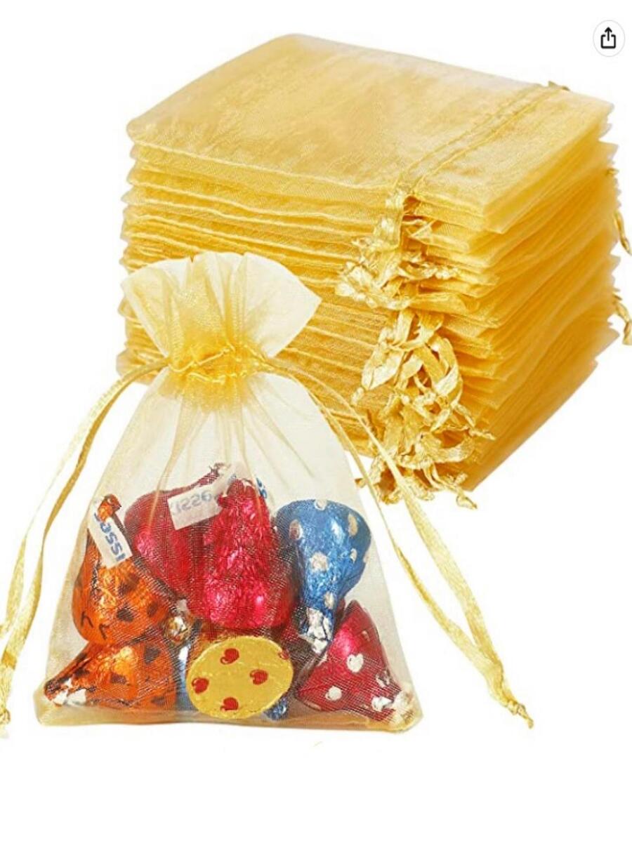 50个金色礼品包装袋，适用于万圣节、圣诞节、婚礼和庆典礼品的欧根纱袋，薰衣草包装袋，尺寸9*12厘米，用于水果和防蛀，尼龙网袋，多色可选，适用于派对和晚宴，容量约为鸡蛋大小，手工制作，尺寸可能略有不同。派对礼品，圣诞节和情人节