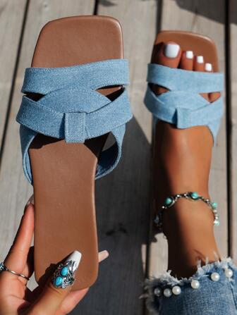 Women Criss Cross Slide Sandals, Fashionable Blue Canvas Flat Sandals