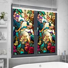 靜電彩色花鳥景色造型玻璃貼紙可拆卸復古窗戶隱私裝飾膜 - 米色 - 查看 7