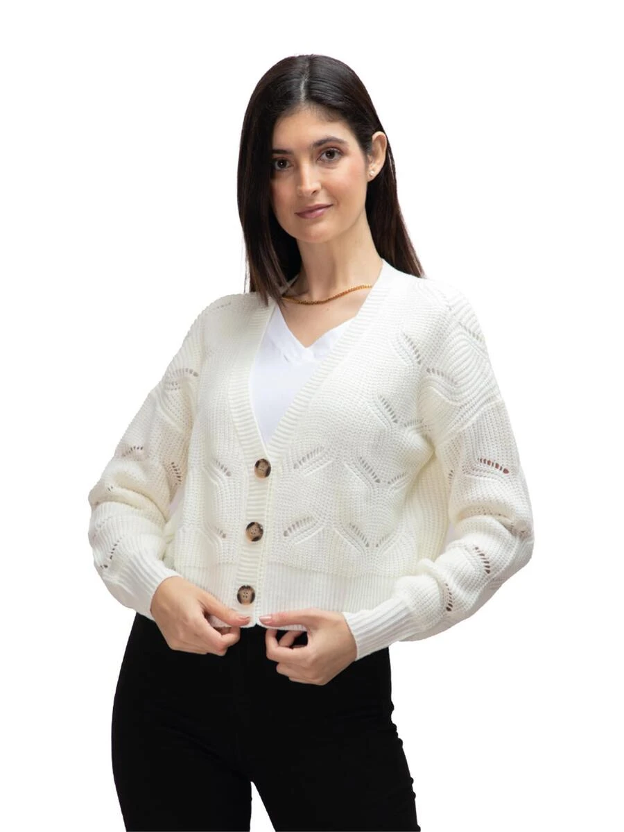 Women's Sweater With V-Neck Buttons - White - View 1