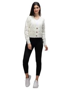 Women's Sweater With V-Neck Buttons - White - View 4