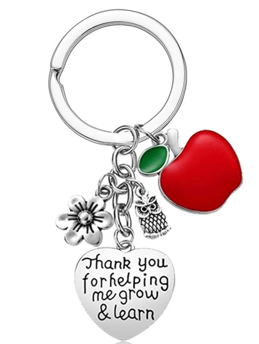 1 Nữ Slogan Đồ Họa Hoa & Apple Charm Móc Khóa Thời Trang Cho Quà Tặng Ngày Nhà Giáo - Màu be - Xem 1