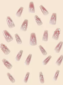 Elevate Your Style With 24pcs 3D Flower Decor Simplicity Press On Nails, Jelly Blush Pink Long Coffin Full Cover Fake Nail Set Nail Supplies - Multicolor - View 3