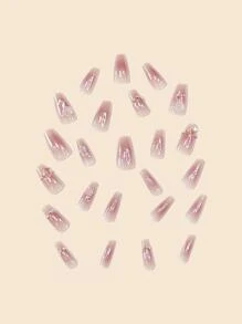 Elevate Your Style With 24pcs 3D Flower Decor Simplicity Press On Nails, Jelly Blush Pink Long Coffin Full Cover Fake Nail Set Nail Supplies - Multicolor - View 4