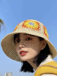 Áo chống nắng họa tiết hoa cho nữ Mũ rơm Boho cho bãi biển - Màu be - Xem 2