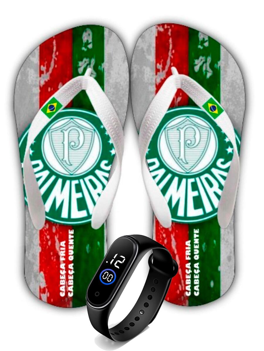 Kit Chinelo Masculino Futebol Palmeiras Campeão Brasileiro Libertadores Brasileirão Verdão Porco Com Relógio Slim - Verde - Visão 1