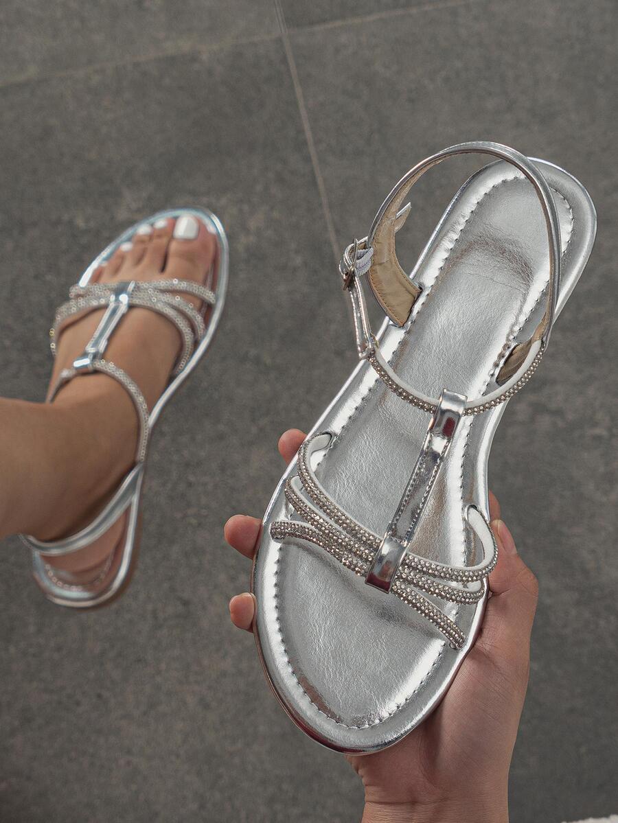Women Rhinestone Decor Ankle Strap Sandals, Glamorous Silver Flat Sandals - Silver - View 1