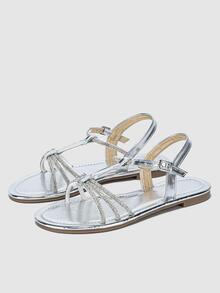 Women Rhinestone Decor Ankle Strap Sandals, Glamorous Silver Flat Sandals - Silver - View 3