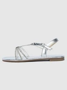 Women Rhinestone Decor Ankle Strap Sandals, Glamorous Silver Flat Sandals - Silver - View 2