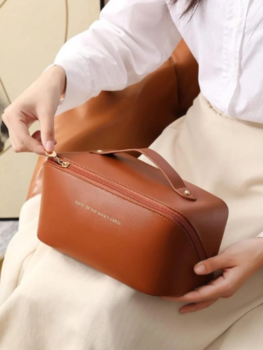 Nécessaire Cosméticos Grande Maquiagem Feminina Espaçosa Maleta organizadora portátil para viagem - Castanho - Visão 1
