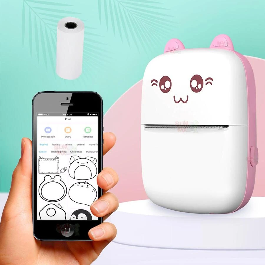 ABS Mini Portable Wireless Rechargeable Kitten Office Thermal Printer With A Roll - Pink - View 1