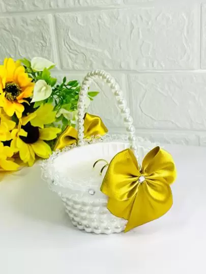 Cesta Porta Aliança Daminha Renda Fru-fru Pérola Dourado