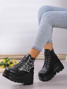 Botas de moda de mujeres estilo punk negro con patrón de telaraña aumentó - Negro - Ver 2